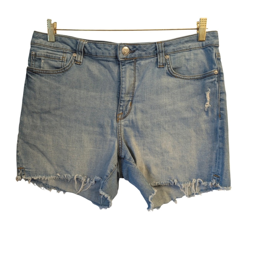 Seven7 Weekend Short Womens 12 Blue Excellent Distressed Raw Hem Summer Denim